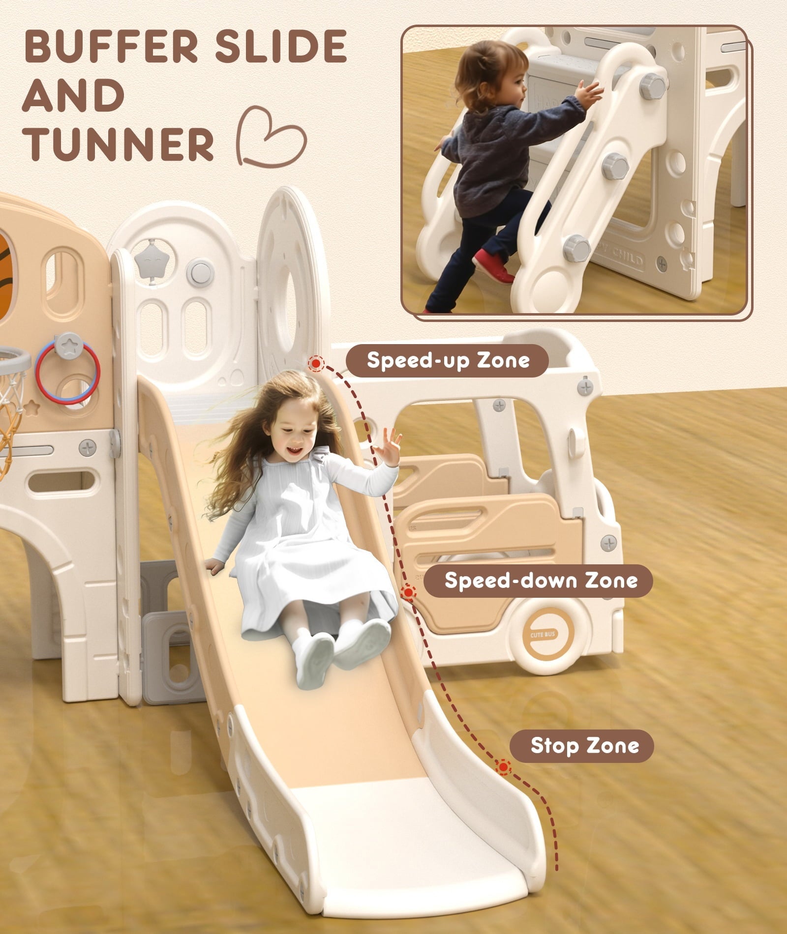 XJD 10 in 1 Toddler Slide, Kids Slide for Toddlers Age 1-3, Toddler Play Climber Slide Playset with Basketball Hoop and Ball, Toddlers Outdoor Indoor Playground(Beige+Coffee)