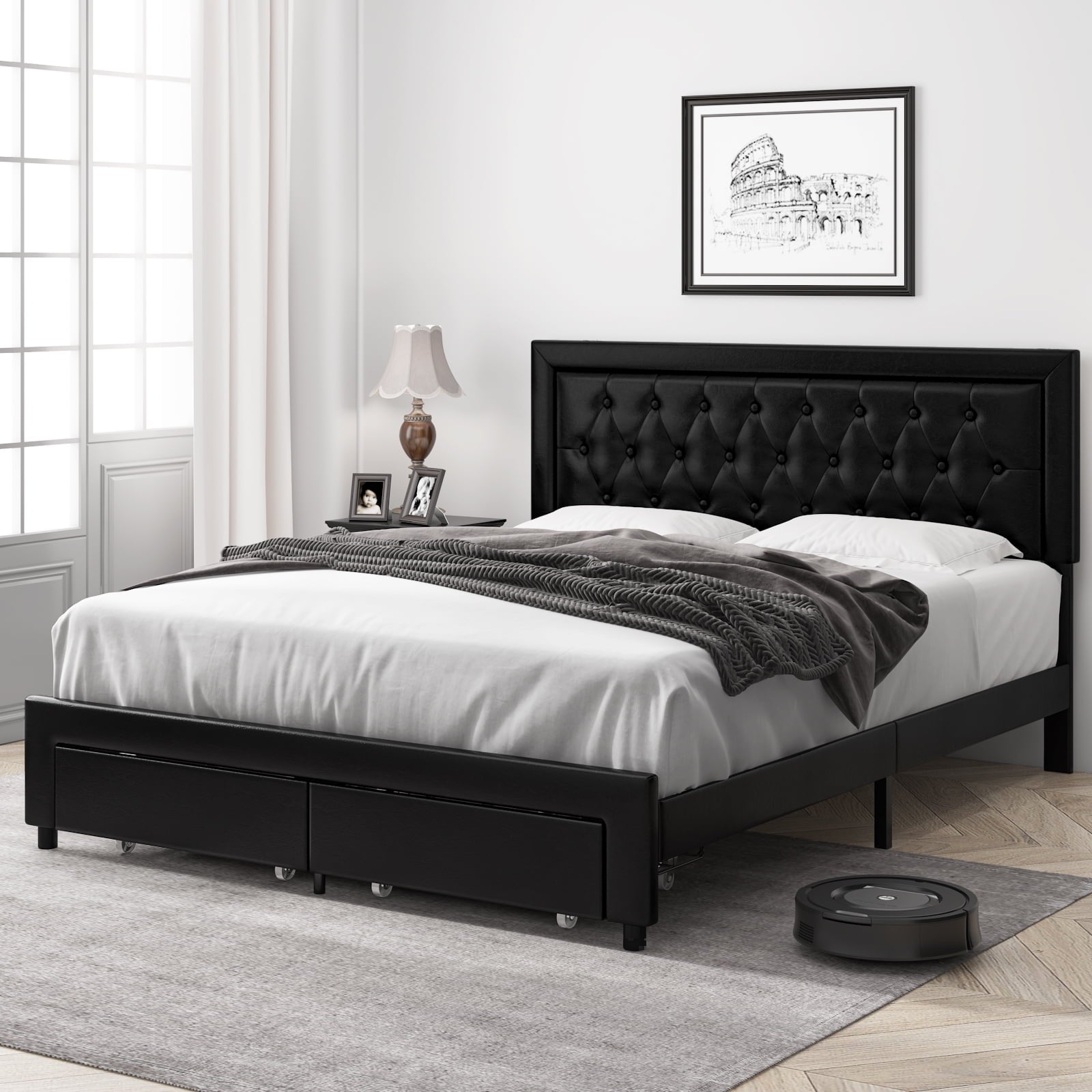 Homfa Full Size Bed Frame with Storage Drawers, PU Leather Upholstered Platform Bed with Adjustable Button Headboard, Black