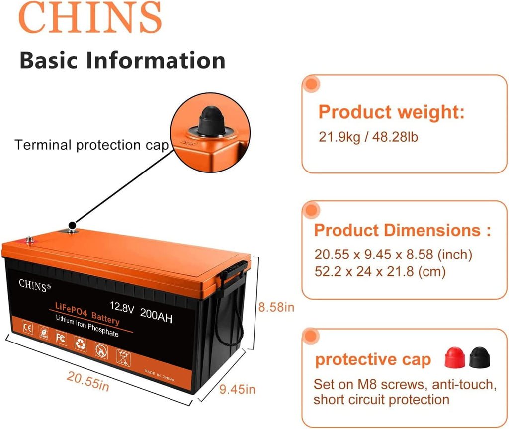 CHINS LiFePO4 Lithium Iron Battery 12V 200Ah for Boat Fishing