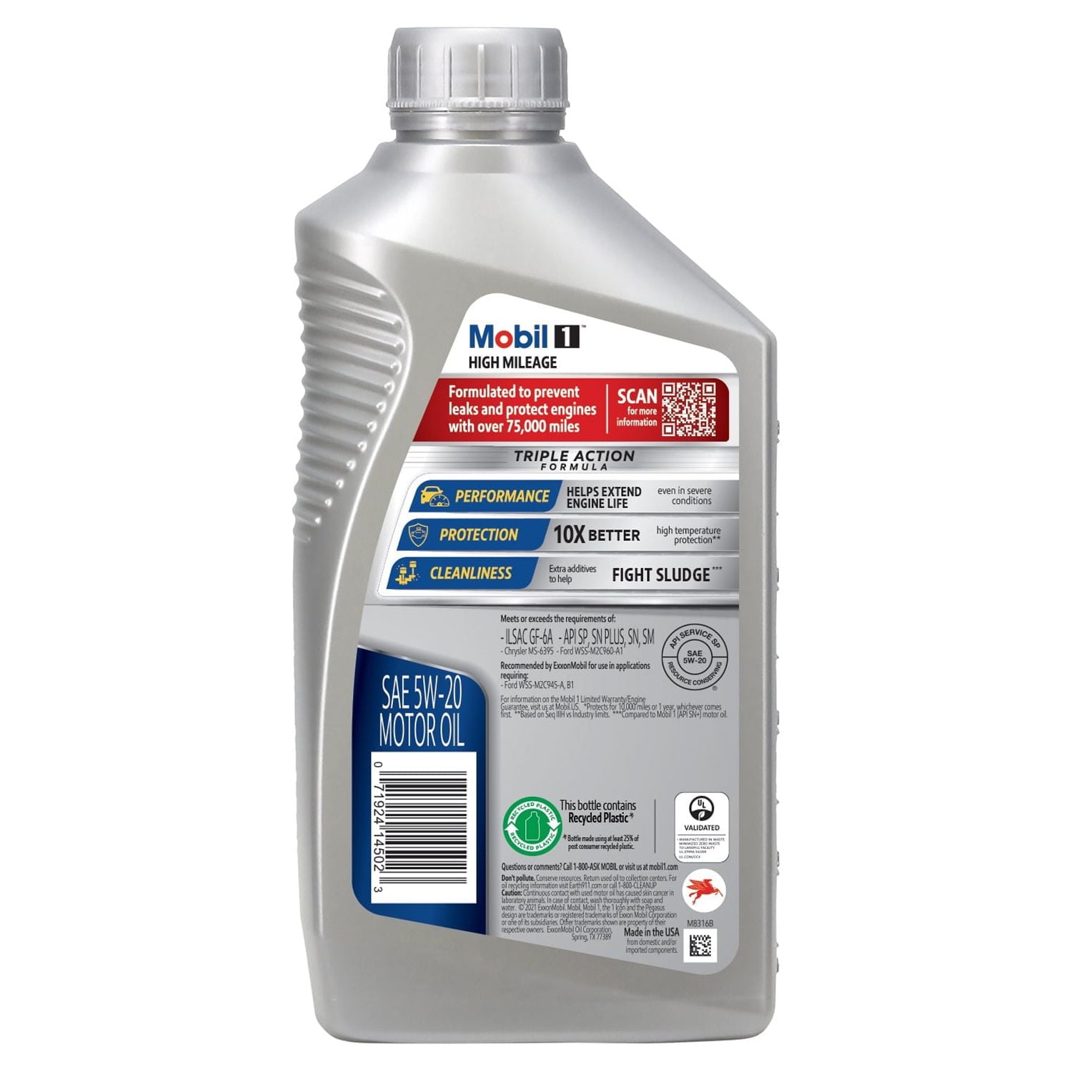 Mobil 1 High Mileage Full Synthetic Motor Oil 5W-20, 1 qt