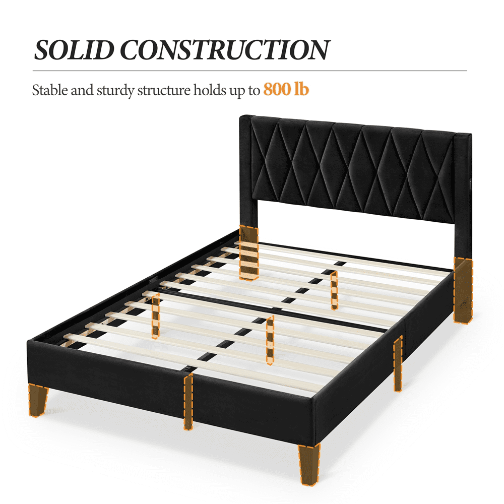 Yaheetech Upholstered Bed Frame with Built-In USB Ports and Tufted Headboard, Full Size, Black