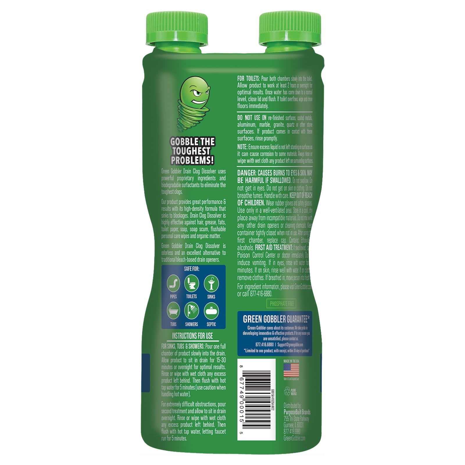 Green Gobbler Drain Clog Remover & Cleaner for Toilets, Sinks, Showers  Septic-Safe,  31 oz