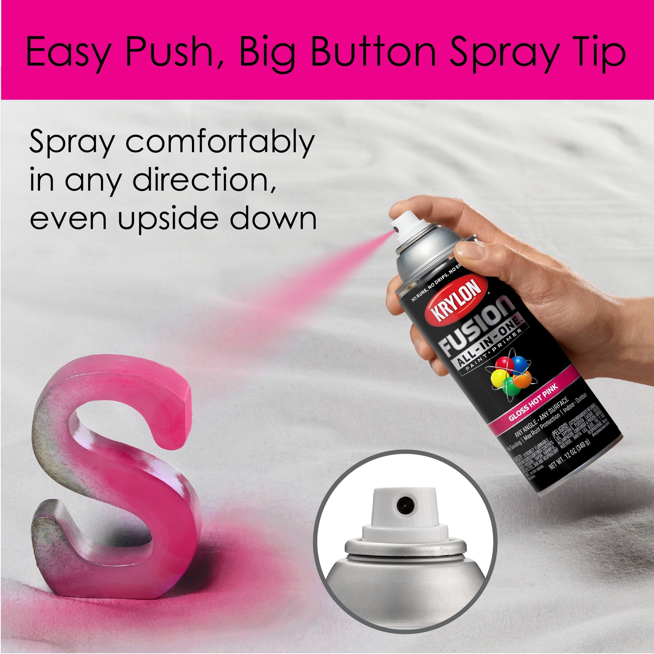 Krylon K02708007 Krylon Fusion All-In-One Hot Pink Gloss 12 oz Spray Paint, Multi-Surface, (1 Piece, 1 Pack)