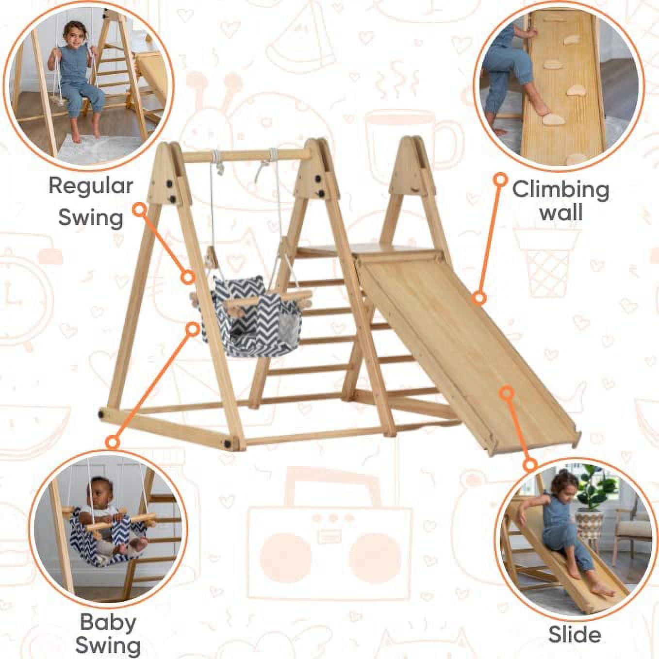 Avenlur Juniper Montessori Toddler Playset Indoor Playground Folding Gym, Interchangeable Baby/Toddler Swing 5 in 1 Multifunctional Foldable, Ladder Climber, Slide, Rock Climbing Kids Ages 1yr - 5yrs