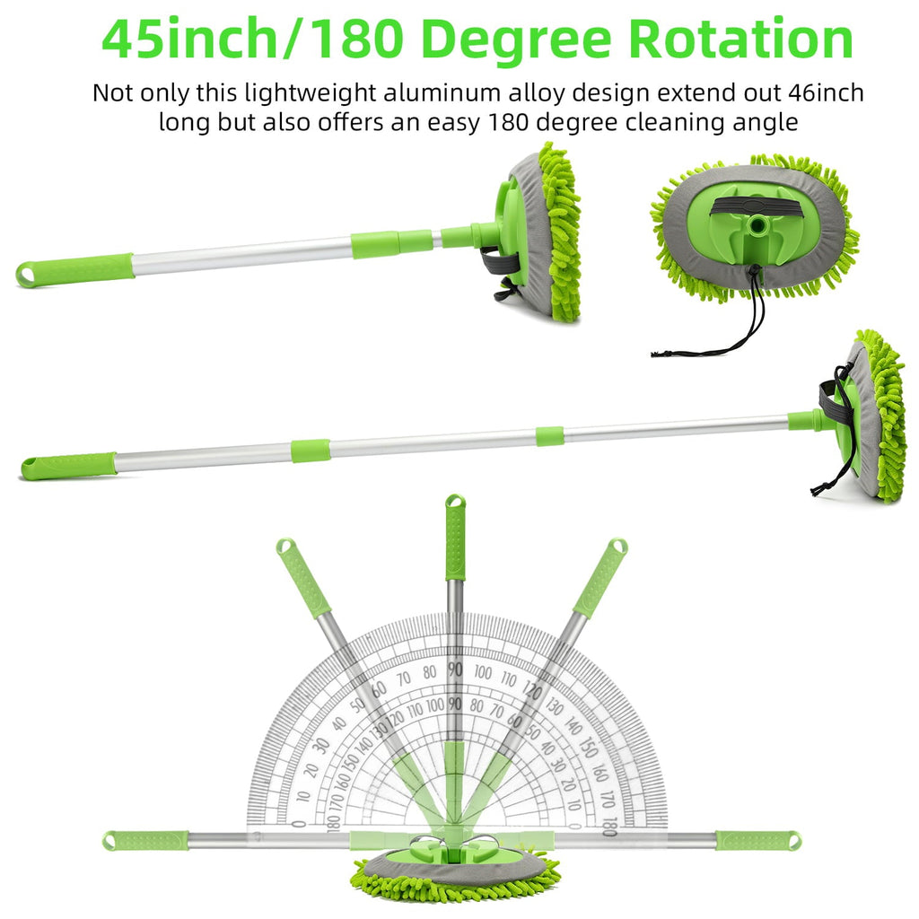 Carcarez Car Wash Brush Kit with 45" Aluminum Alloy Long Handle, 3 in 1 Car Cleaning Mop, Chenille Microfiber Mitt Set, Glass Scrubber Vehicle Cleaner Kit, Green