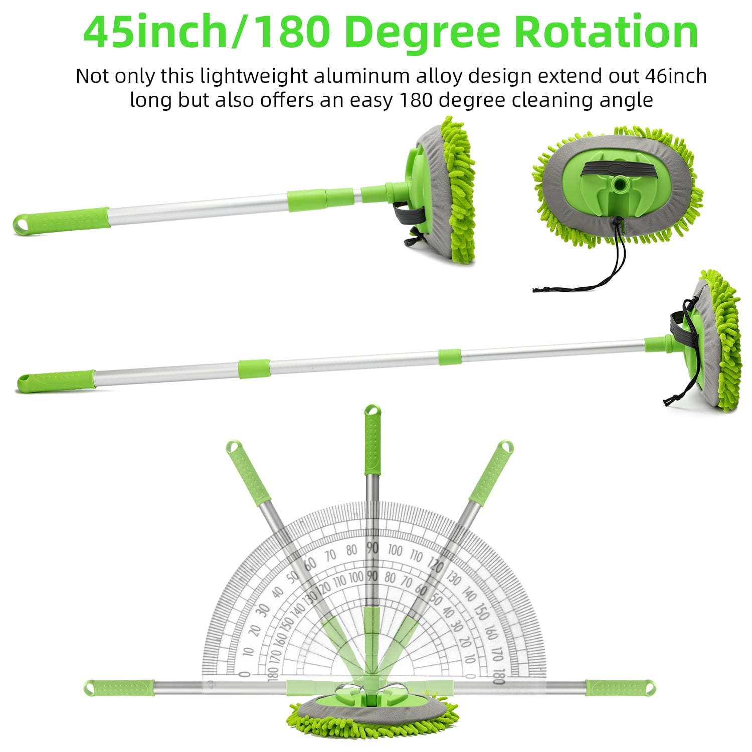 Carcarez Car Wash Brush Kit with 45" Aluminum Alloy Long Handle, 3 in 1 Car Cleaning Mop, Chenille Microfiber Mitt Set, Glass Scrubber Vehicle Cleaner Kit, Green