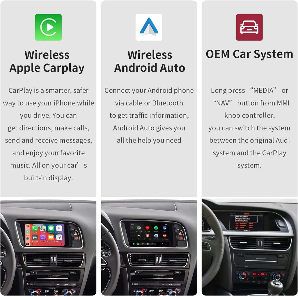 Road Top Wireless Carplay Android Auto Retrofit Kit for Audi A4 A5 S4 S5 RS4 RS5 Q5 2008-2015 with 3GMMI Factory Screen Update, Support Mirrorlink, Siri, Original Control, Camera
