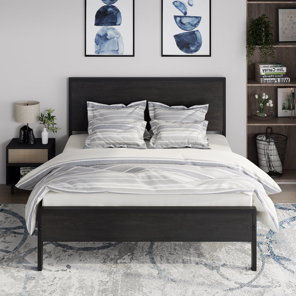 Allewie Queen Size Heavy Duty Bed Frame with Black Oak Headboard, Engineered Wood, 12'' Under Bed Storage