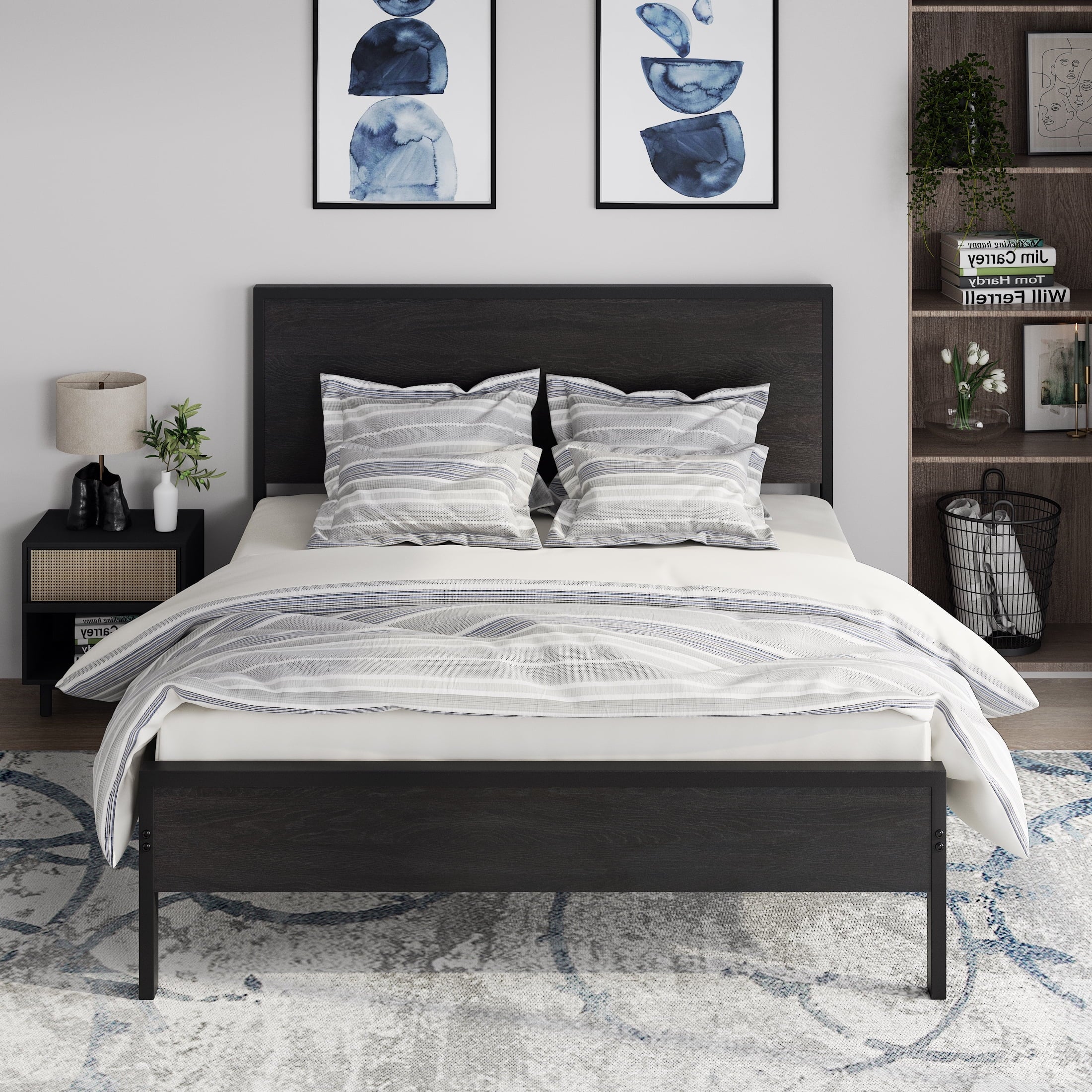 Allewie Queen Size Heavy Duty Bed Frame with Black Oak Headboard, Engineered Wood, 12'' Under Bed Storage