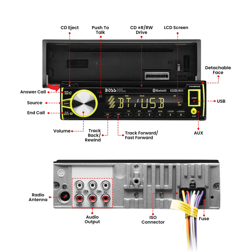 BOSS Audio Systems 750BRGB Car Audio Stereo System - Single Din, Bluetooth Audio and Calling Head Unit, CD Player, USB, AUX Input, AM/FM Radio Receiver, Multi Color Illumination, Hook up to Amplifier