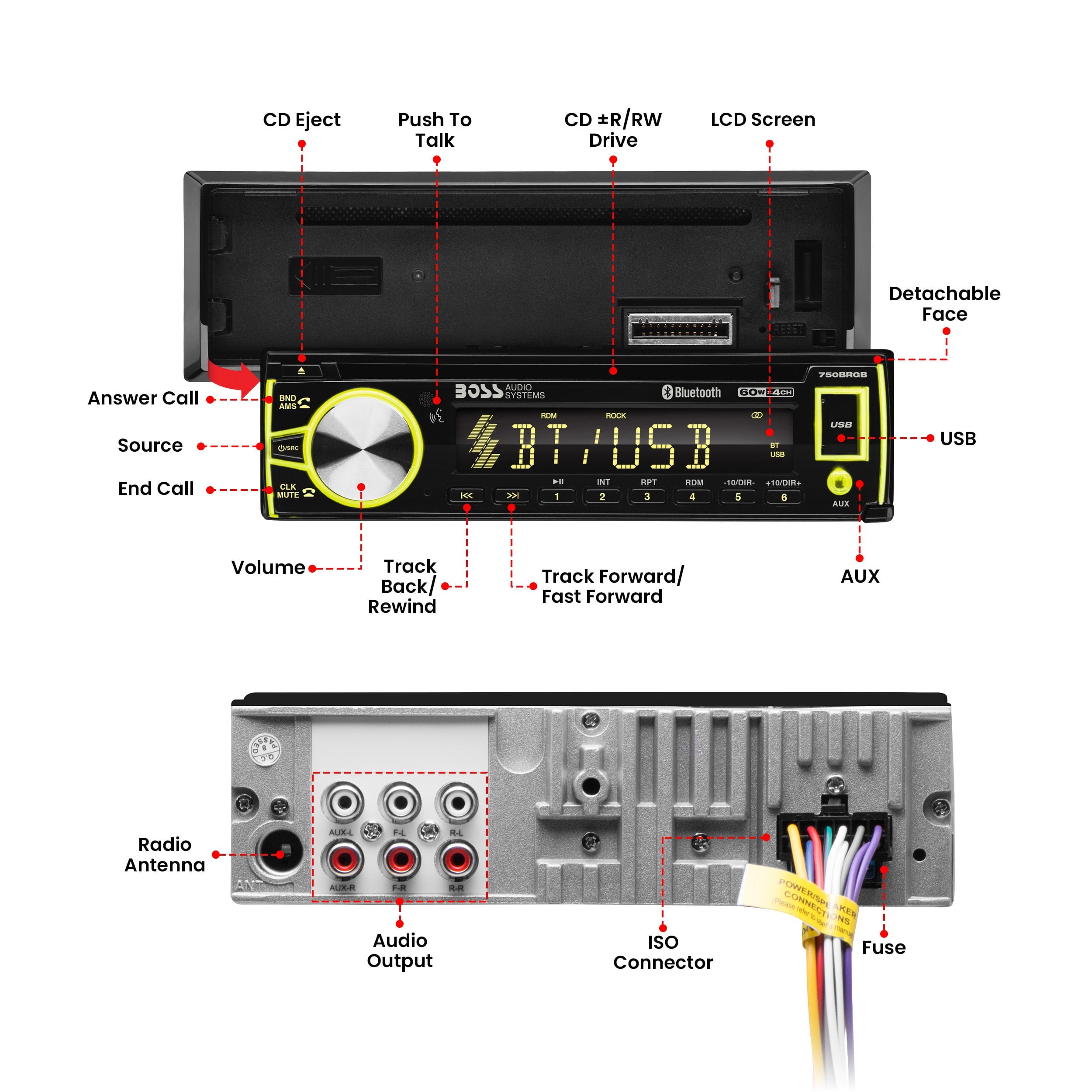BOSS Audio Systems 750BRGB Car Audio Stereo System - Single Din, Bluetooth Audio and Calling Head Unit, CD Player, USB, AUX Input, AM/FM Radio Receiver, Multi Color Illumination, Hook up to Amplifier