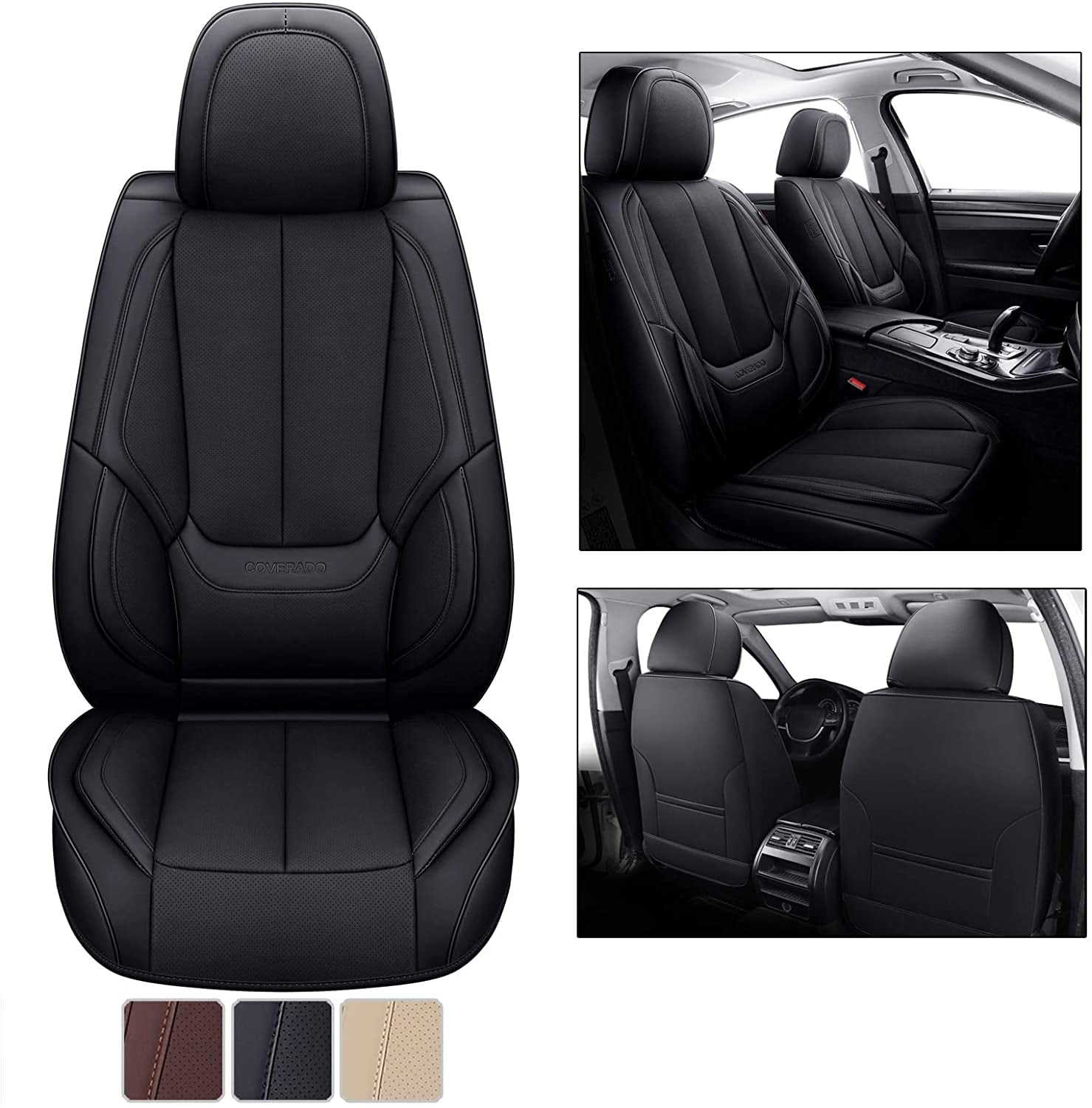 Coverado Front Seat Covers 6 Pieces, Waterproof Nappa Leather Car Seat Protectors Auto Interior, Universal Fit for Most Sedans SUV Pick-up Truck, Black