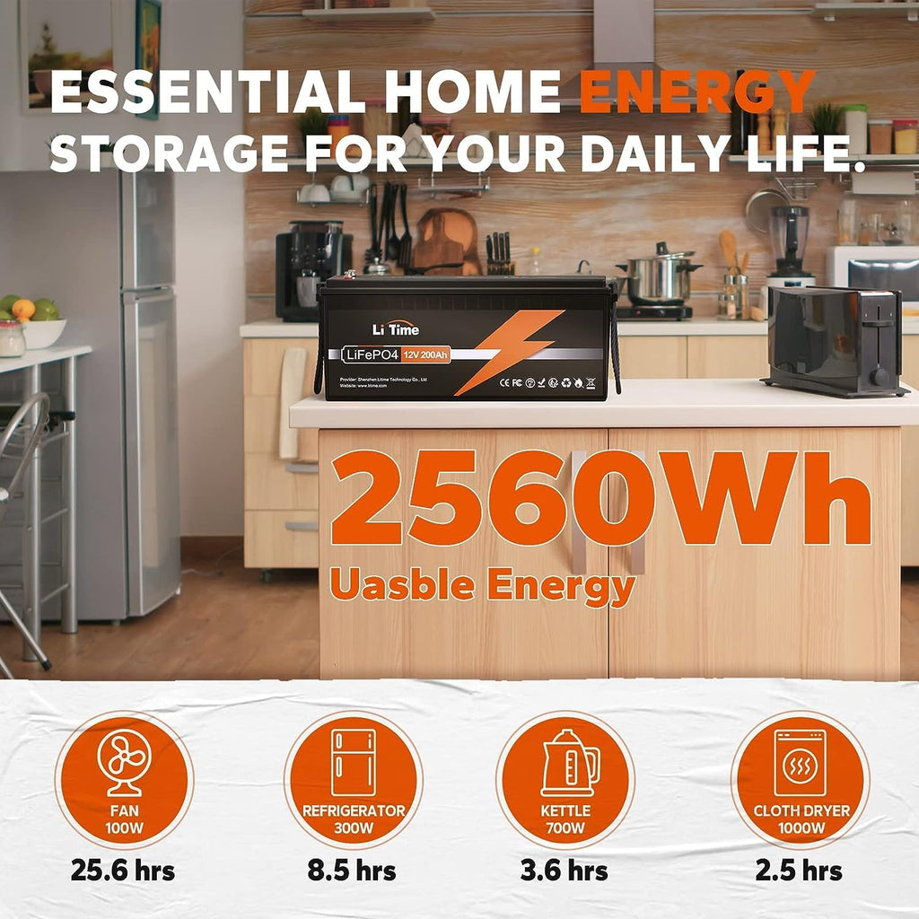 LiTime 12V 200Ah LiFePO4 Lithium Battery, Max. 2.56kWh Energy for Trolling Motor RV Off-Grid Application Motorhome