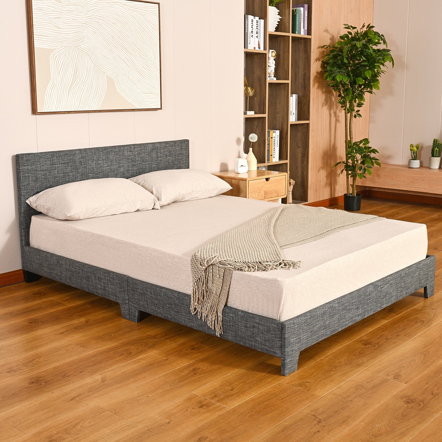 Bestco Sturdy Full Bed Platform with Headboard Steel Frame Wood Slats 635lb Cap, Gray