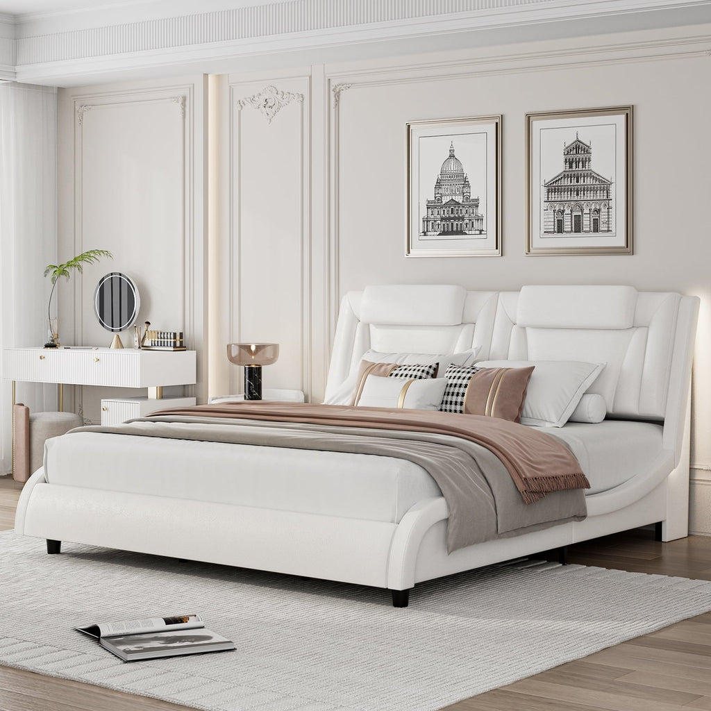 Homfa Queen Size LED Bed Frame, PU Leather Curved Upholstered Platform Bed with Adjustable Headboard and Pillow, White