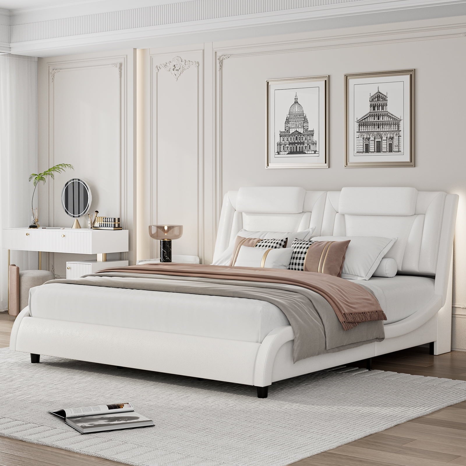 Homfa Queen Size LED Bed Frame, PU Leather Curved Upholstered Platform Bed with Adjustable Headboard and Pillow, White