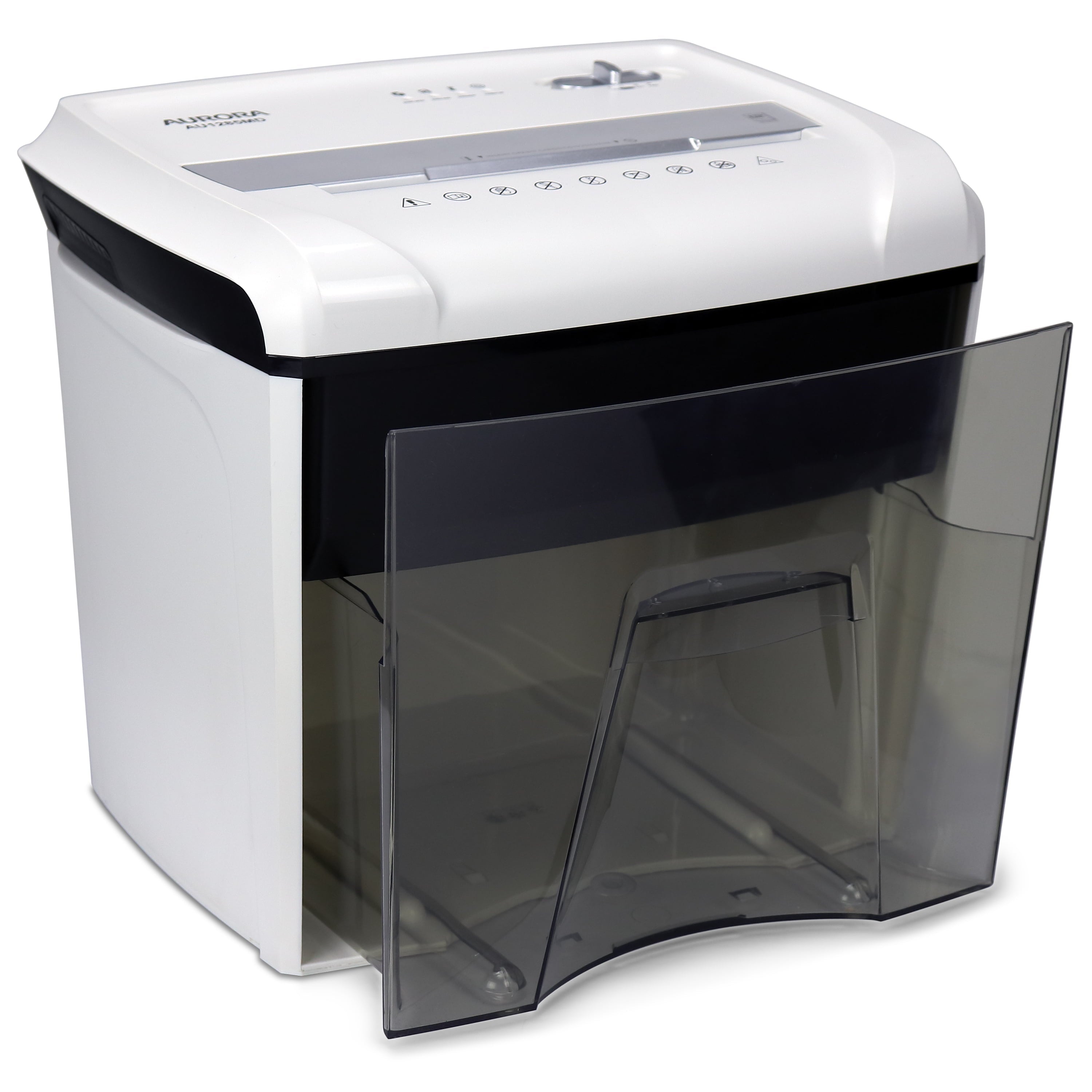 Aurora AU1285MD Compact Desktop-Style High Security 12-Sheet Micro-Cut Paper and CD/Credit Card/Junk Mail Pullout Basket Shredder, White/Black