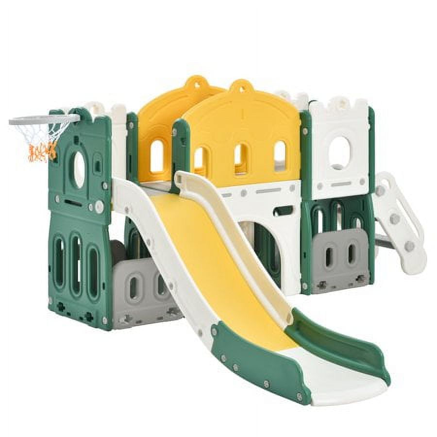 CHURANTY Kids Slide Playset Structure Indoor , Castle Climber with Slide and Basketball Hoop,  Kids Climbers Playhouse for Outdoor Playground Activity,Toy Storage Organizer for Toddlers, Green