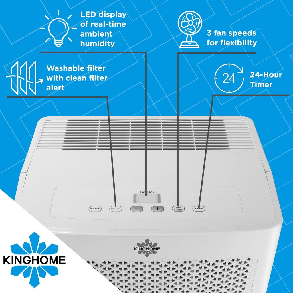 Kinghome Energy Star 35-Pint Portable Dehumidifier | Removes Moisture in Garages, Basements, Living Rooms, Large Areas up to 3,500 Sq.Ft. | LED Display | Removable Tank | KHD35BW