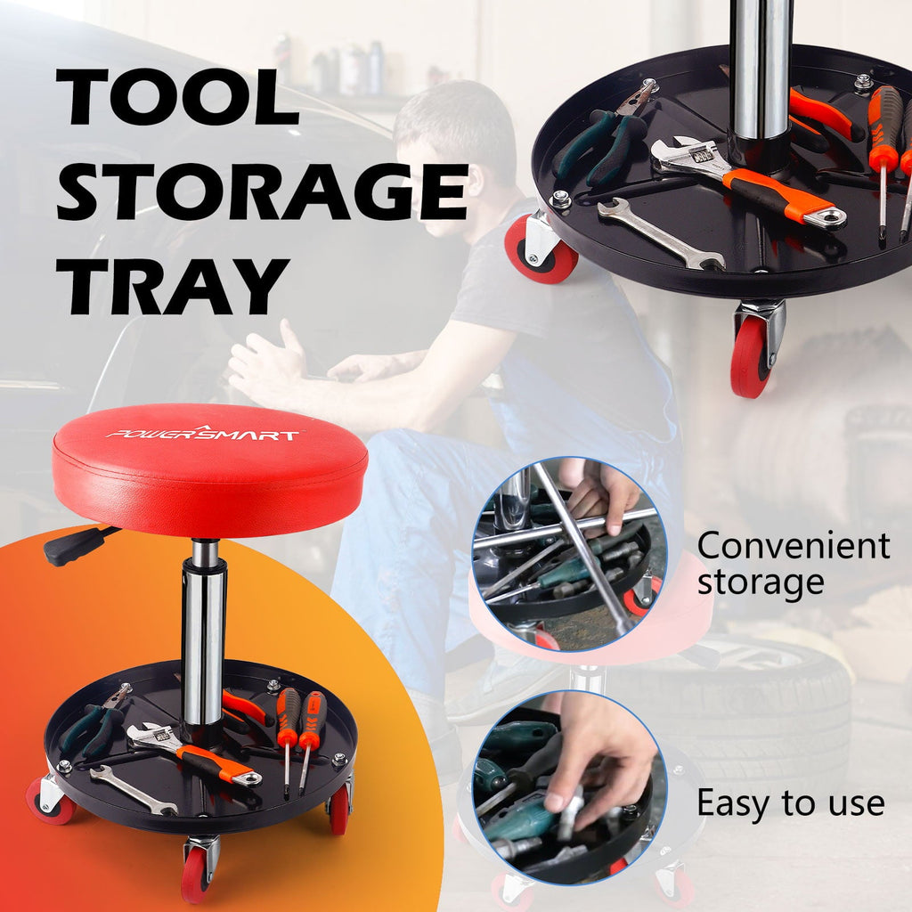 PowerSmart 300-pound Capacity Rolling Mechanic Stool - Adjustable Height, Pneumatic Creeper Garage/Shop Stoolwith Wheels,PS1101,RED