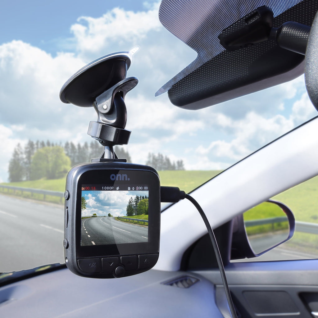 onn. 1080p HD Black Car Dash Cam, 2.4" LCD Screen, 110 Degree Vision Angle, Play Video Recordings, 0.5 lb.