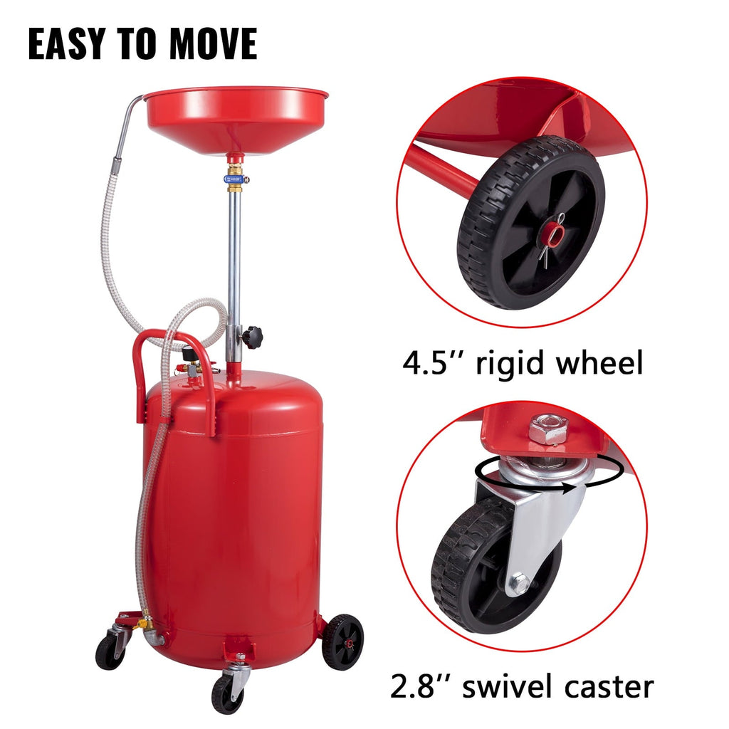 VEVOR Waste Oil Drain Tank 20 Gallons Portable Air Operated Drainer, Container, Fluid Fuel Transfer Drainage, Adjustable Funnel Height, with Wheel