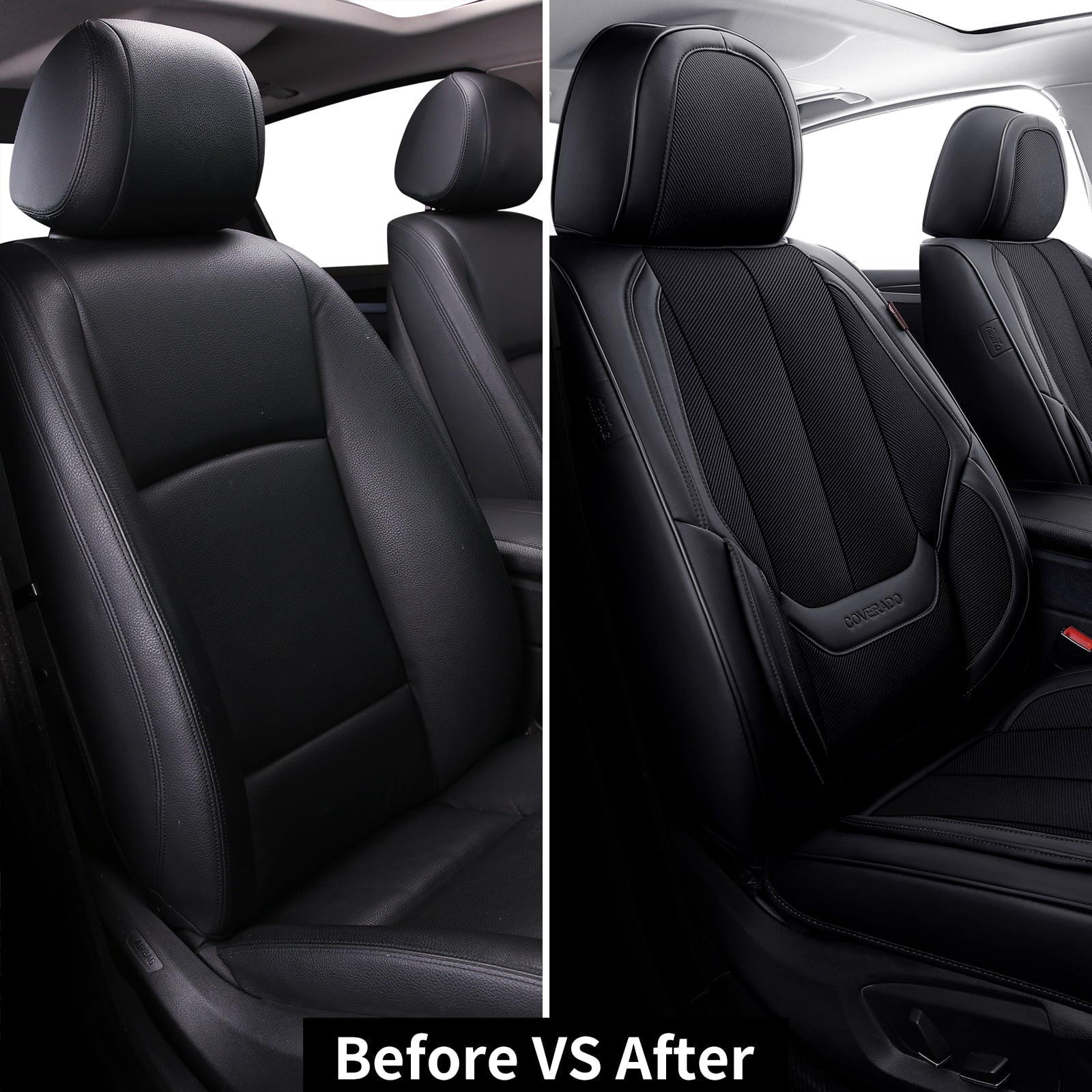 Coverado Front Seat Covers 6 Pieces,Breathable Fabric&Leather Car Seat Protectors,Universal Auto Accessories Compatible with Most Sedans SUV Pick-up Truck,Black