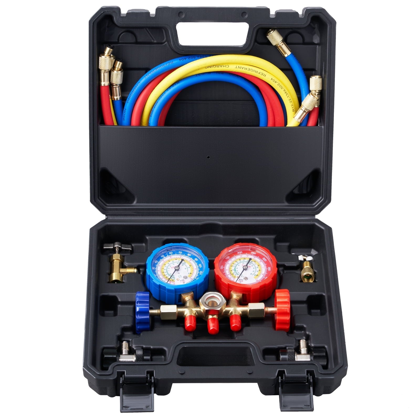 BENTISM AC Manifold Gauge Set 3-Way Fit R134A R22 R12 R502 Refrigeration Charging with Portable Case 3PCS Hoses