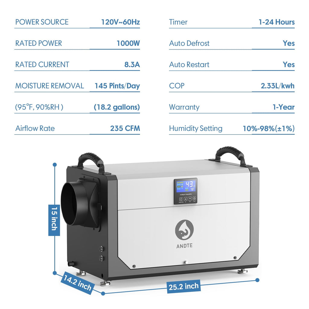 ANDTE 145 Pints Commercial Dehumidifier, Crawl Space Dehumidifier for Basement with 6.56ft Drain Hose and 24 Hr Timer, Compact, Portable, Auto Defrost, Memory Starting