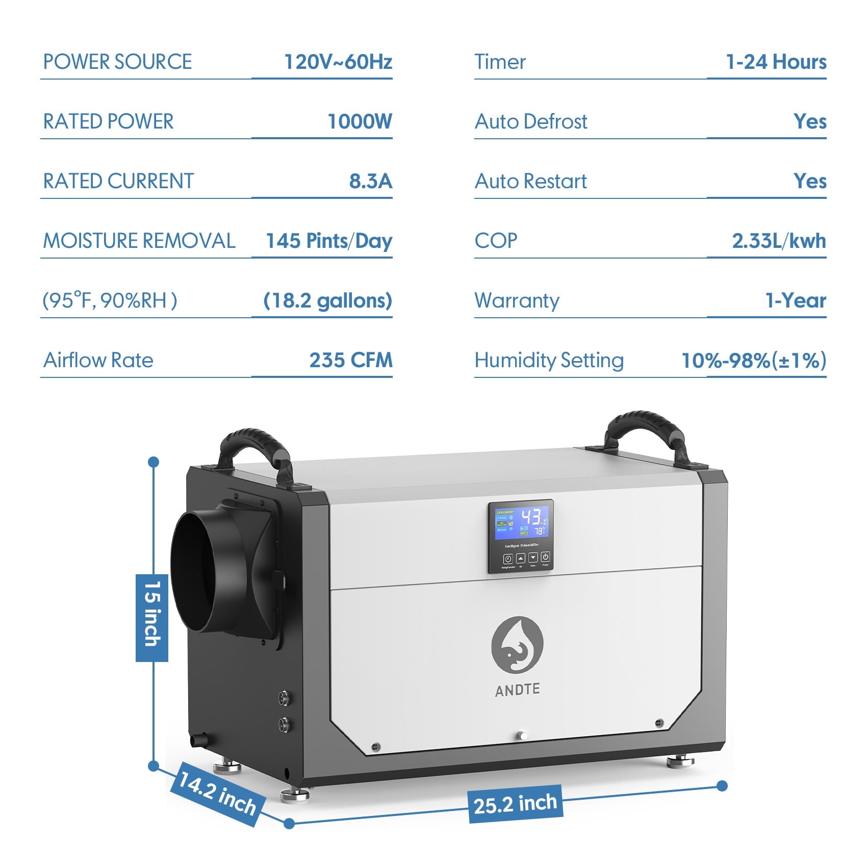 ANDTE 145 Pints Commercial Dehumidifier, Crawl Space Dehumidifier for Basement with 6.56ft Drain Hose and 24 Hr Timer, Compact, Portable, Auto Defrost, Memory Starting