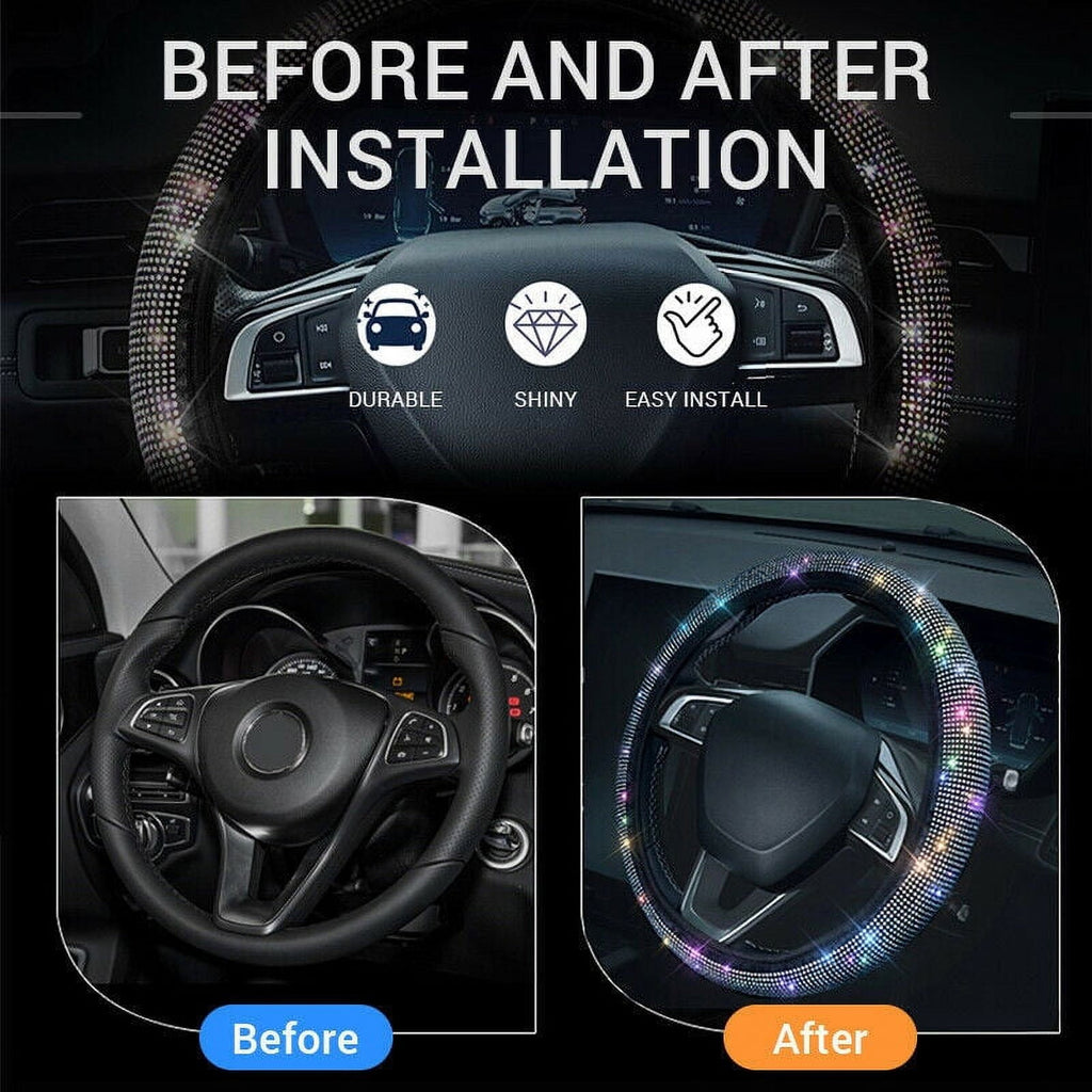 BAMILL Car Bling Steering Wheel Cover for Women Girls,15inch Universal Crystal Rhinestone Bling Anti-Slip Wheel Protector