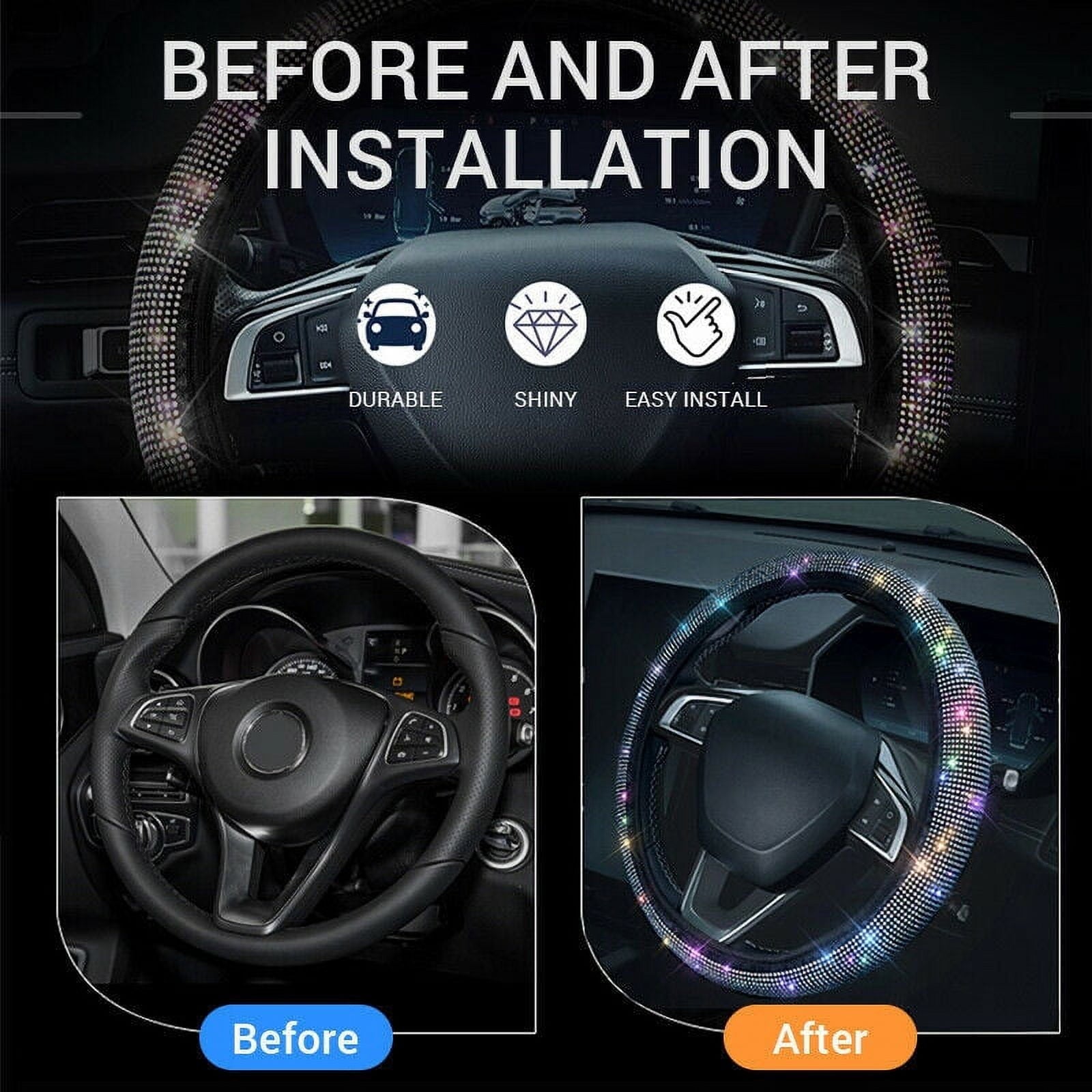 BAMILL Car Bling Steering Wheel Cover for Women Girls,15inch Universal Crystal Rhinestone Bling Anti-Slip Wheel Protector