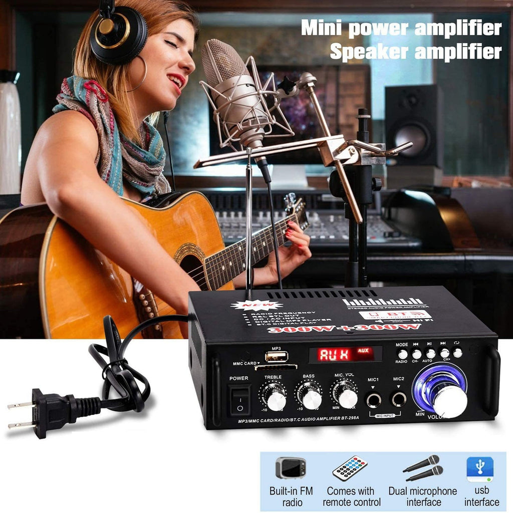 SOONHUA 600W Wireless Bluetooth 5.0 Stereo Audio Amplifier, with Bluetooth LCD Digital Display Stereo Receiver for Home Theater Speakers, Bass & Treble Control, USB/SD/RCA/MIC/FM in, Remote