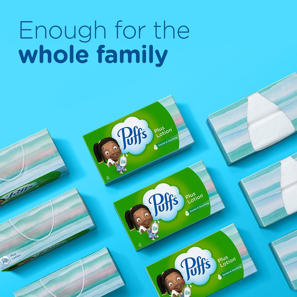 Puffs Plus Lotion Facial Tissues, 4 Family Box, 124 White Tissues per Box