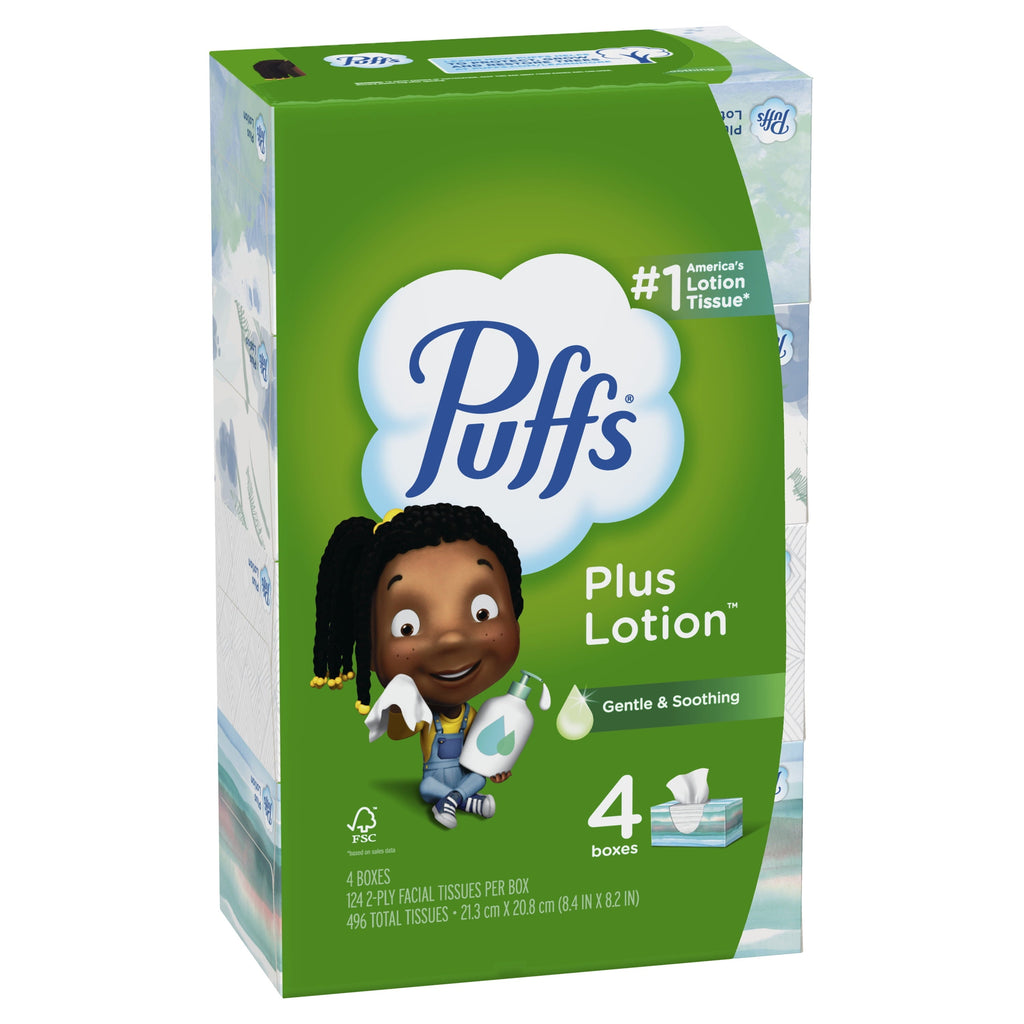 Puffs Plus Lotion Facial Tissues, 4 Family Box, 124 White Tissues per Box