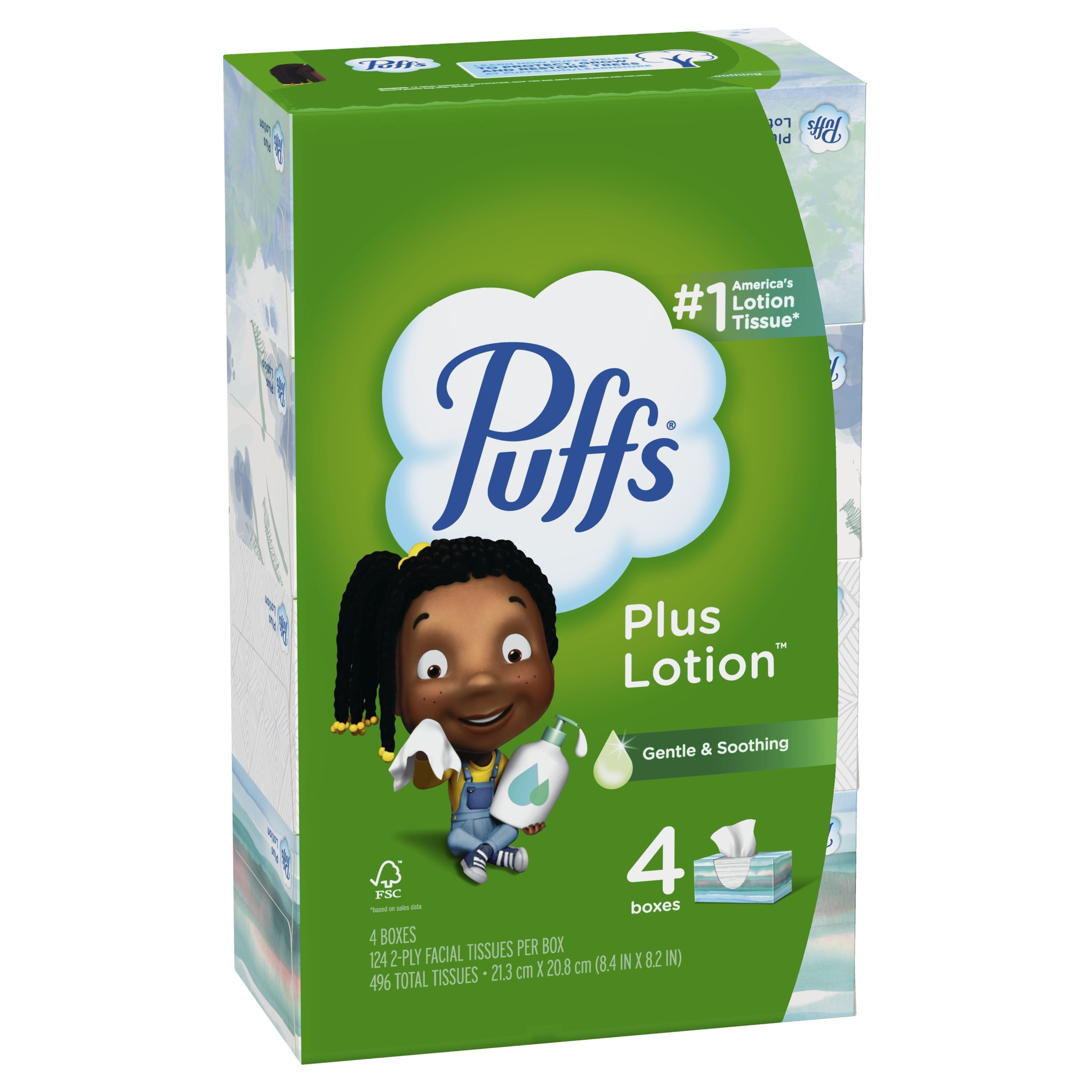 Puffs Plus Lotion Facial Tissues, 4 Family Box, 124 White Tissues per Box