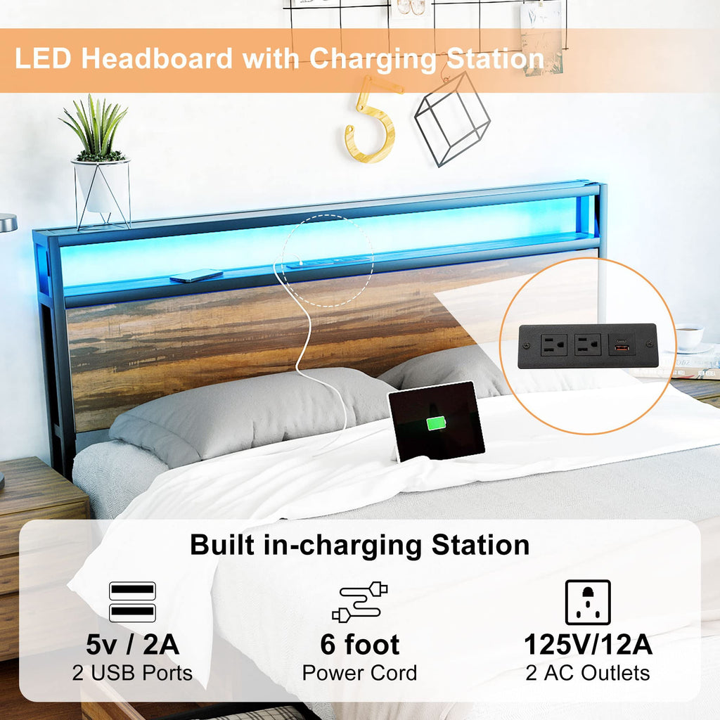 Queen Size Bed Frame with LED Lights Headboard & Storage Drawers - Metal Platform Bed with Power Outlet and USB Ports(Brown-Queen)