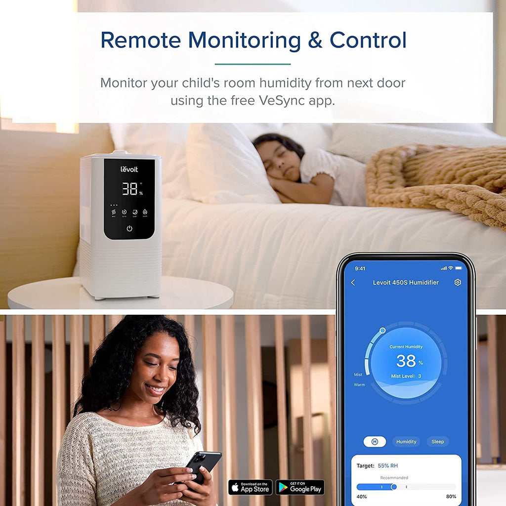 LEVOIT Smart Cool and Warm Mist Humidifiers for Room, Top Fill Vaporizers for Largeroom with Aromatherapy,4.5L,LV450S,White