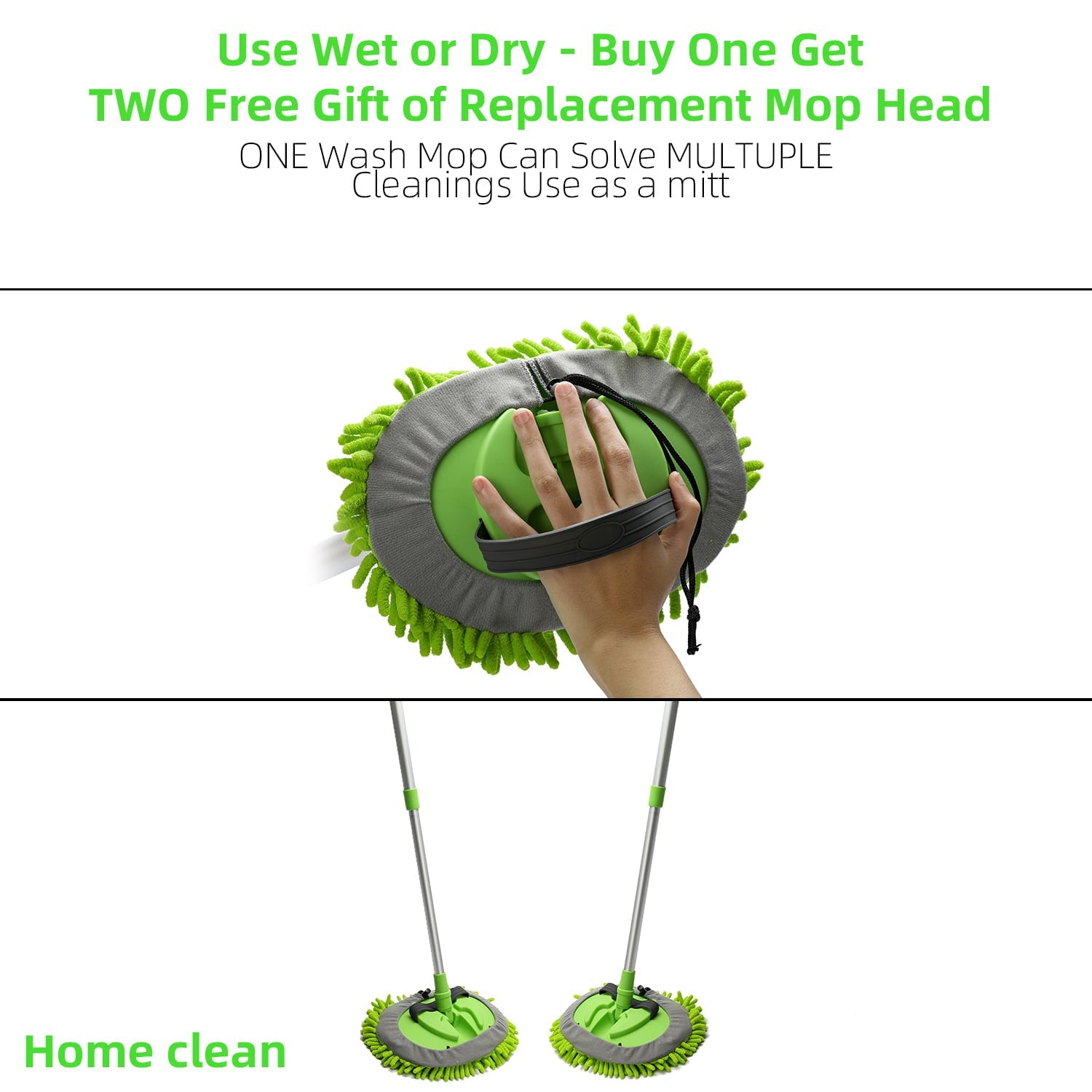 Carcarez Car Wash Brush Kit with 45" Aluminum Alloy Long Handle, 3 in 1 Car Cleaning Mop, Chenille Microfiber Mitt Set, Glass Scrubber Vehicle Cleaner Kit, Green