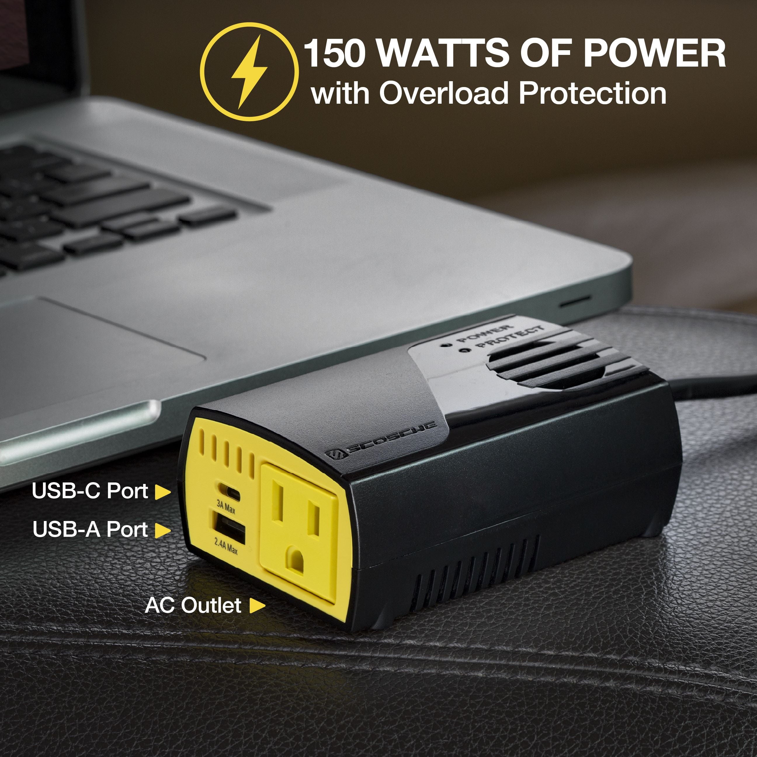 Scosche PI150M Invert150 150W Mobile Power Inverter 1 AC Outlet, 2 USB Ports, 12V Car Adapter New