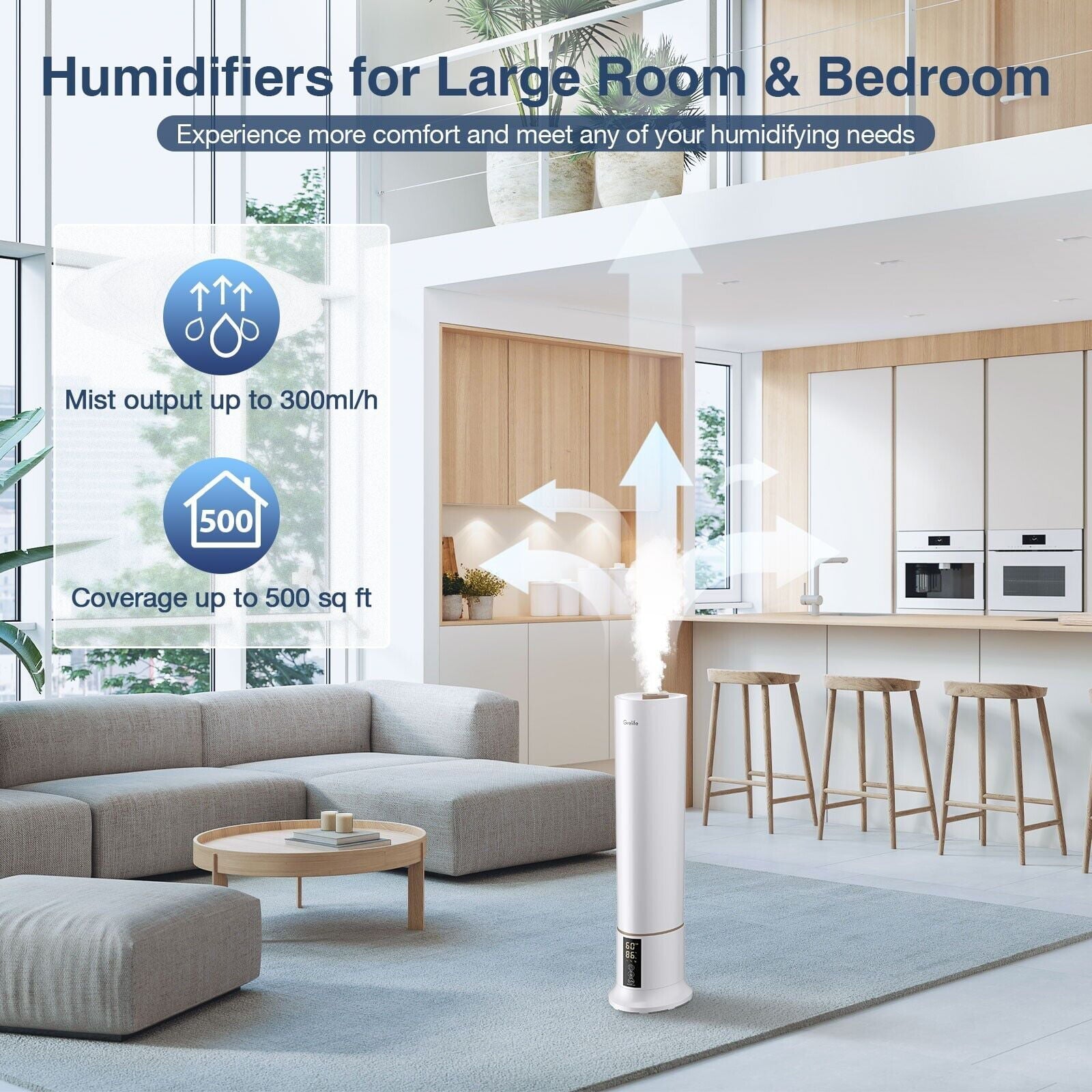 BEYGO Cool Mist Humidifiers for Bedroom Large Room Home, 9L/ 2.38Gal Top Fill Ultrasonic Floor Humidifiers for Baby and Plants