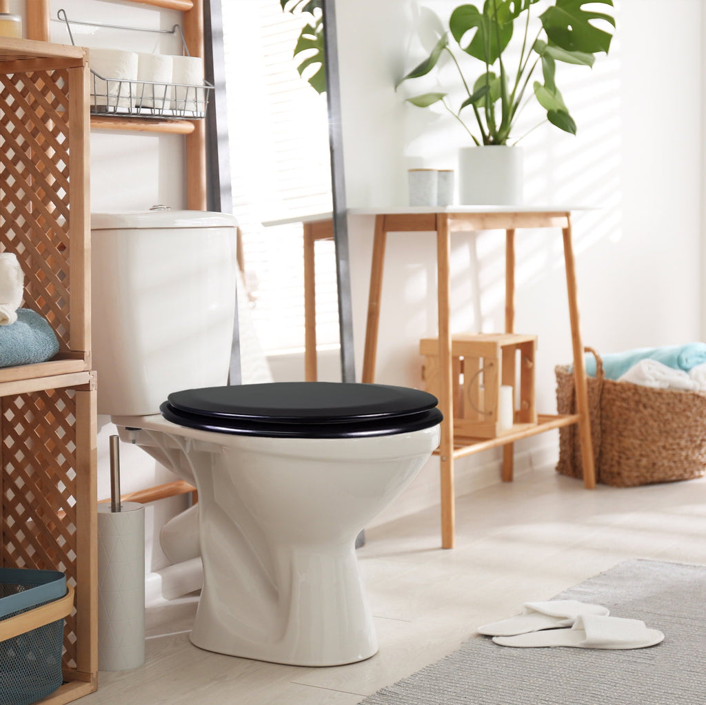 Dalton Toilet Seat Round Soft Close – Black Rustic Wooden Round Standard Toilet Seat for Bathroom  – Design House, 561241-BLK