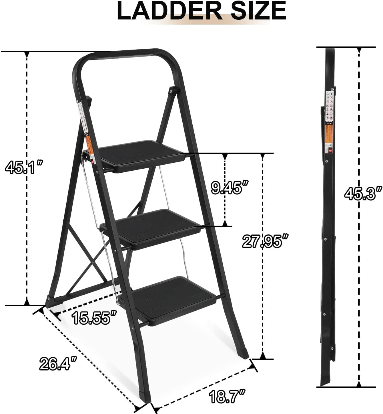 Coolhut 3 Step Ladder, Folding Step Stool with Wide Anti-Slip Pedal, 330lbs Capacity Portable Lightweight Ladders for Home Kitchen Outdoor, Black