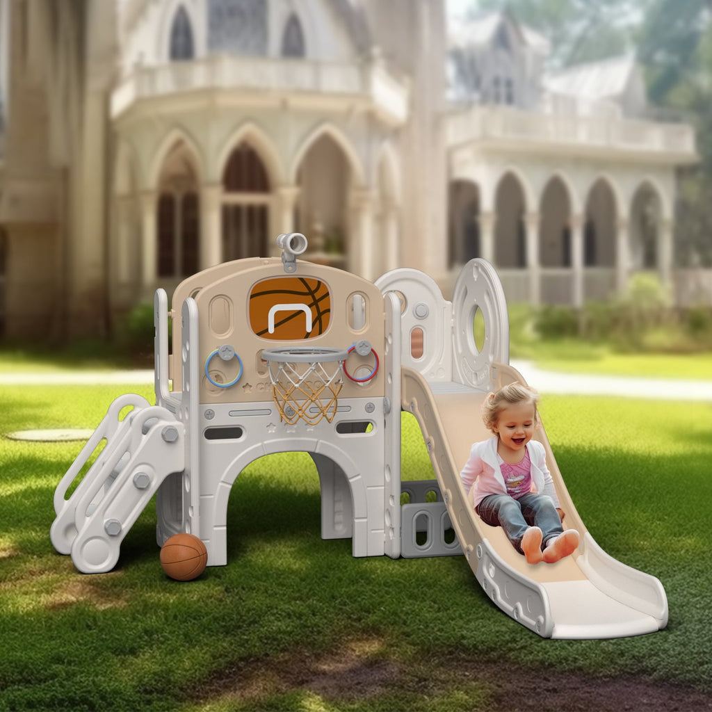 KORIMEFA 7-in-1 Kids Slide with Climber, Toddler Climber Slide Play Set with Basketball Hoop, Tunnel, Telescope and Storage Space, Indoor Outdoor Playground Slide
