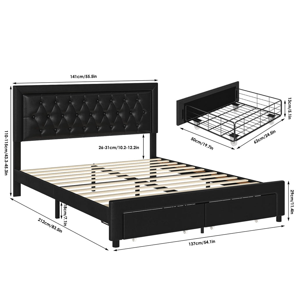 Homfa Full Size Bed Frame with Storage Drawers, PU Leather Upholstered Platform Bed with Adjustable Button Headboard, Black