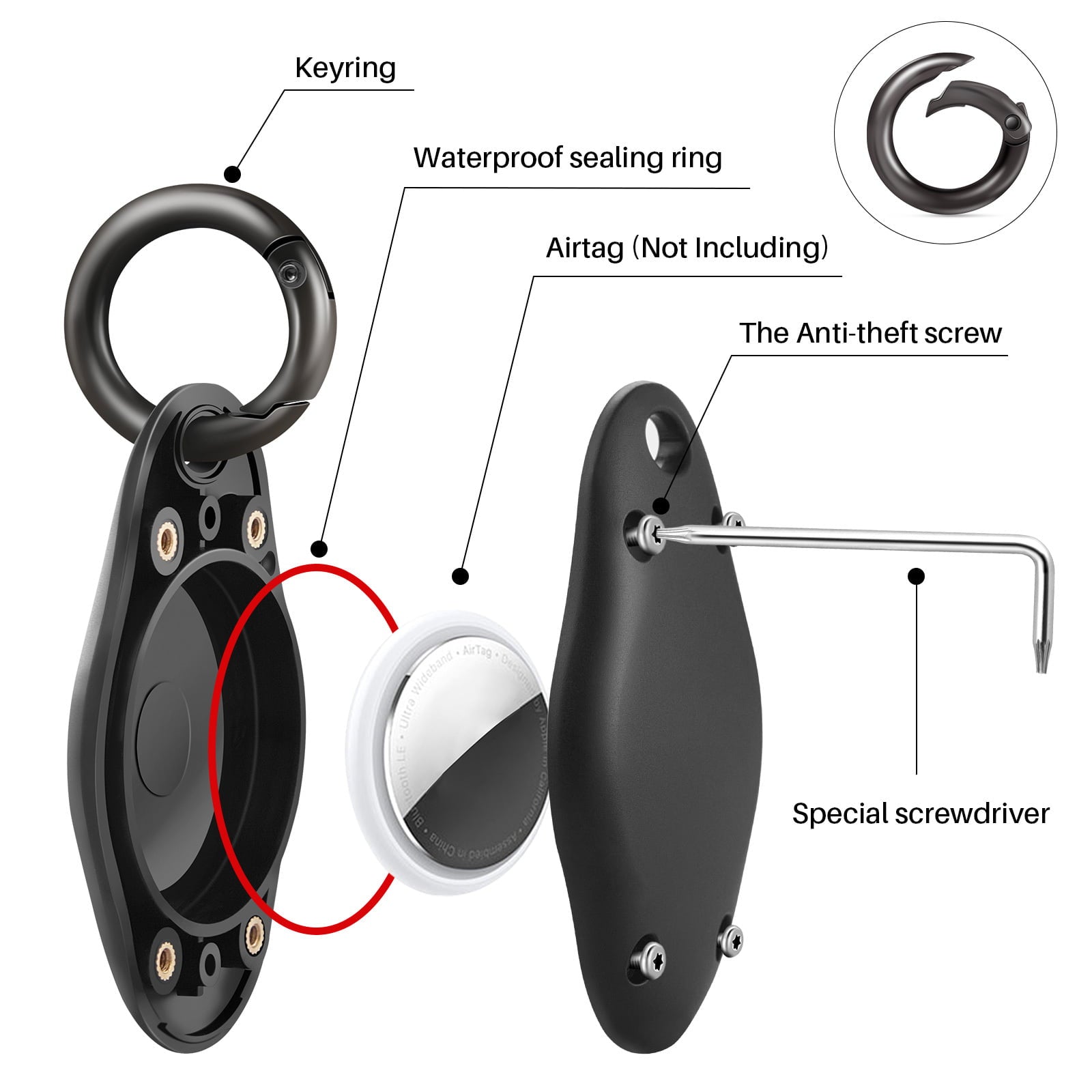 [4 Pack] AirTag Holder Keychain, IPX7 Waterproof Protective Air Tag Holder, Dropproof AirTag Keychain Cover, Full-Body Shockproof, Anti-Scratch, AirTag Case for Keys, Black