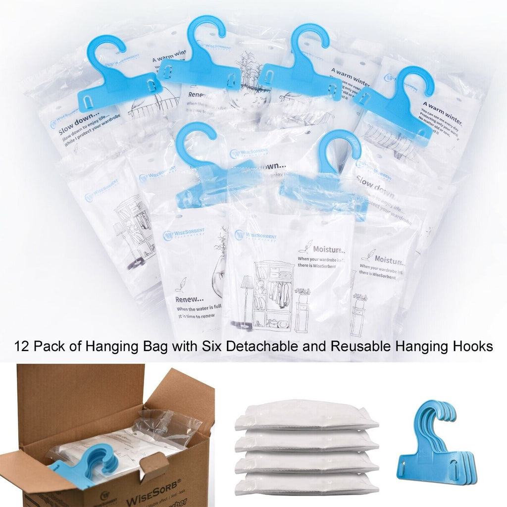Wisesorb Moisture Absorber Refill Hanging Bags, 12 Pack (7 oz. ea.) of Tyvek Paper Moisture Absorber Packets with 6pcs Hooks, Humidity Packs, Hanging Closet Dehumidifier Bags