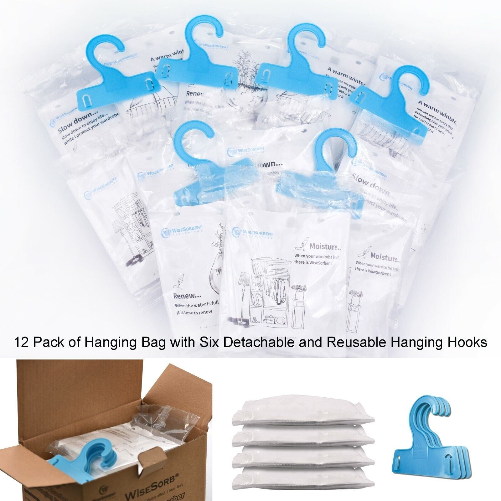 Wisesorb Moisture Absorber Refill Hanging Bags, 12 Pack (7 oz. ea.) of Tyvek Paper Moisture Absorber Packets with 6pcs Hooks, Humidity Packs, Hanging Closet Dehumidifier Bags