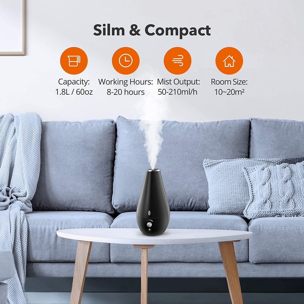 TaoTronics Cool Mist Humidifier, 1.8L Quiet Adjustable Ultrasonic Humidifiers for Babies [BPA Free] Bedroom, Black
