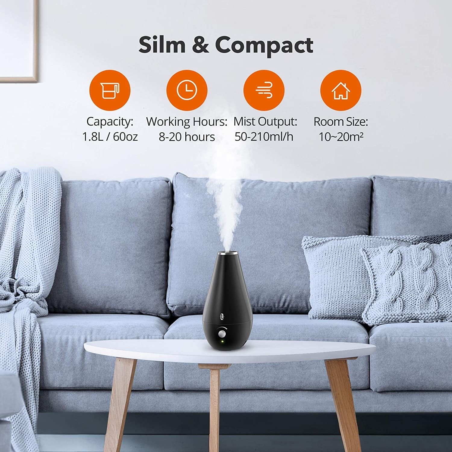 TaoTronics Cool Mist Humidifier, 1.8L Quiet Adjustable Ultrasonic Humidifiers for Babies [BPA Free] Bedroom, Black
